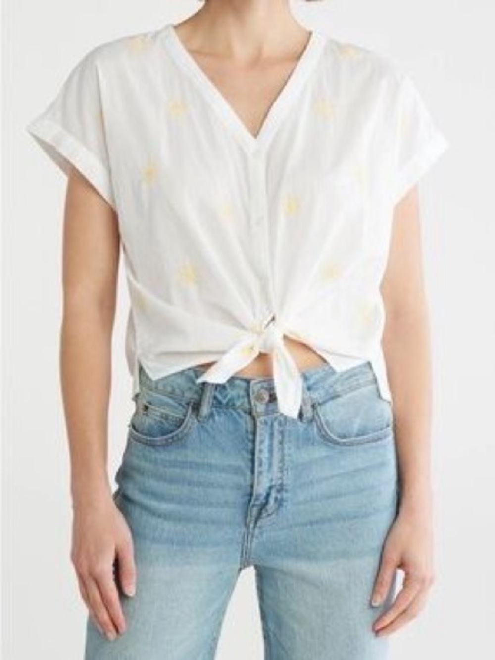 Lucky Brand‎ White Yellow Sun Embroidered Cotton Knot Shirt S NWOT Boho